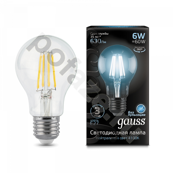 Лампа светодиодная LED грушевидная Gauss d60мм E27 6Вт 360гр. 185-265В 4100К