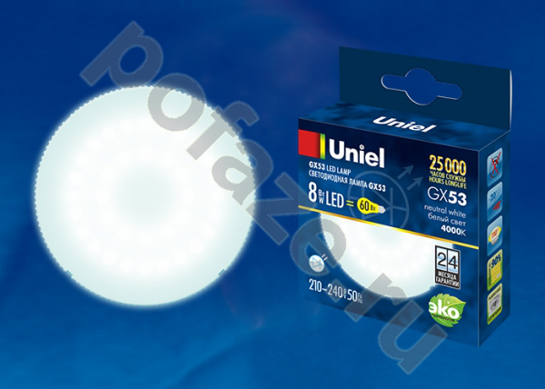 Лампа светодиодная LED таблетка Uniel d75мм GX53 8Вт 110гр. 210-240В 4000К