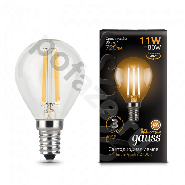 Лампа светодиодная LED шарообразная Gauss d45мм E14 11Вт 360гр. 150-265В 2700К