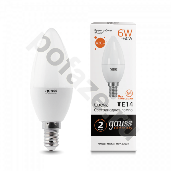 Лампа светодиодная LED свеча Gauss d37мм E14 6Вт 240гр. 180-240В 3000К