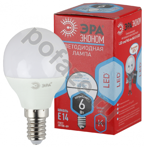 Лампа светодиодная LED шарообразная ЭРА d45мм E14 6Вт 270гр. 220-240В 4000К