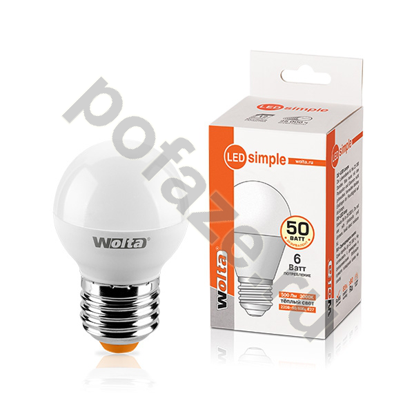 Лампа светодиодная LED шарообразная Wolta d45мм E27 6Вт 220-230В 3000К
