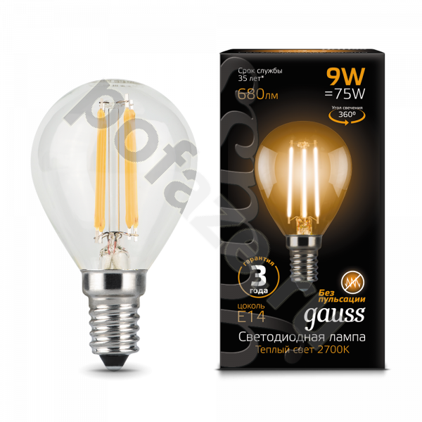 Лампа светодиодная LED шарообразная Gauss d45мм E14 9Вт 360гр. 150-265В 2700К
