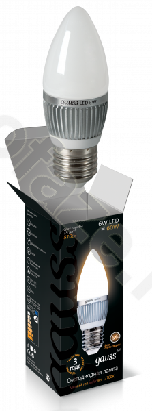 Лампа светодиодная LED свеча Gauss d37мм E27 6Вт 210гр. 220-230В