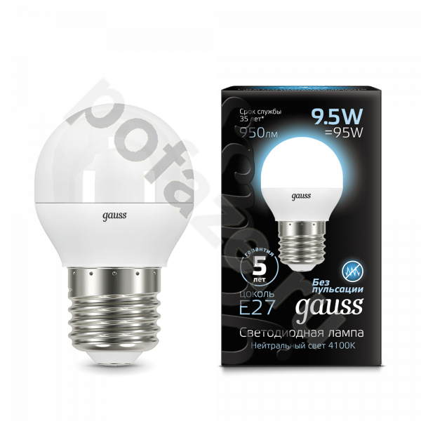 Лампа светодиодная LED шарообразная Gauss d45мм E27 9.5Вт 240гр. 150-265В 4100К