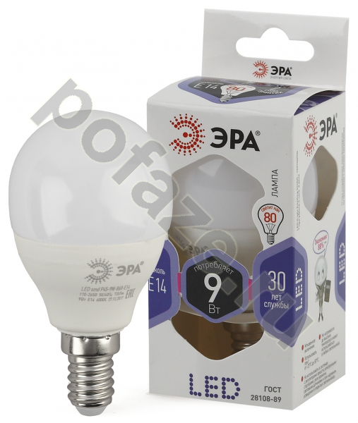 Лампа светодиодная LED шарообразная ЭРА d45мм E14 9Вт 270гр. 170-265В 6000К