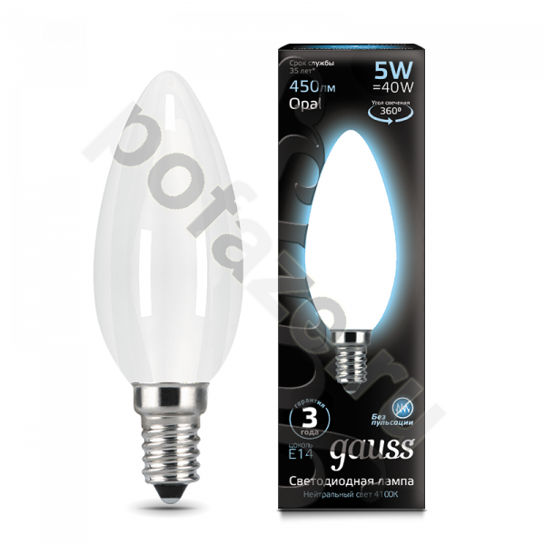 Лампа светодиодная LED свеча Gauss d35мм E14 5Вт 360гр. 150-265В 4100К