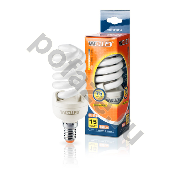 Лампа энергосберегающая спираль Wolta E14 15Вт 220-240В 3000К