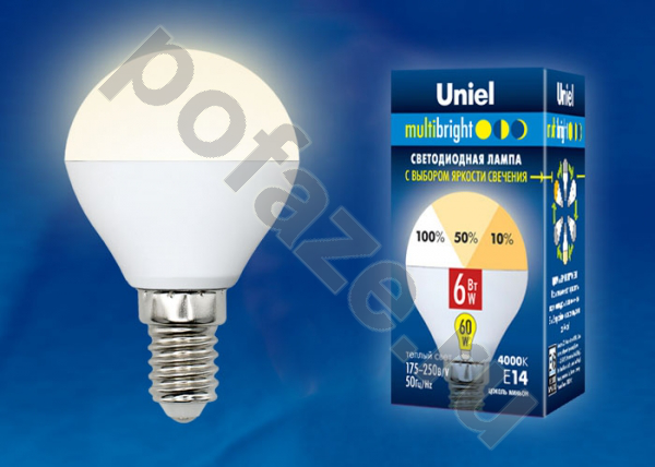 Лампа светодиодная LED шарообразная Uniel d45мм E14 6Вт 240гр. 175-250В 3000К