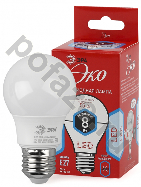 Лампа светодиодная LED грушевидная ЭРА d55мм E27 8Вт 270гр. 220-240В 4000К