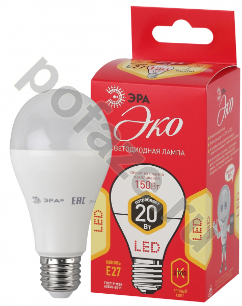 Лампа светодиодная LED грушевидная ЭРА d60мм E27 20Вт 270гр. 0.24-220В 2700К