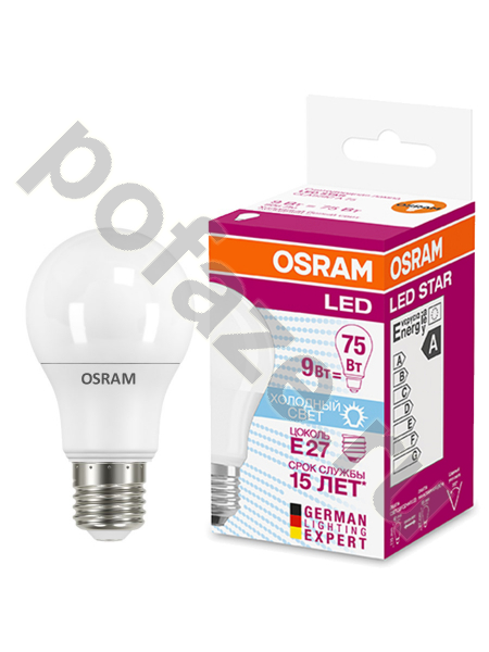 Лампа светодиодная LED грушевидная Osram d60мм E27 9.5Вт 200гр. 230В 6500К