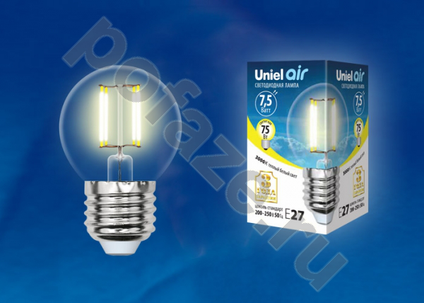 Лампа светодиодная LED шарообразная Uniel d45мм E27 7.5Вт 360гр. 220-240В 3000К