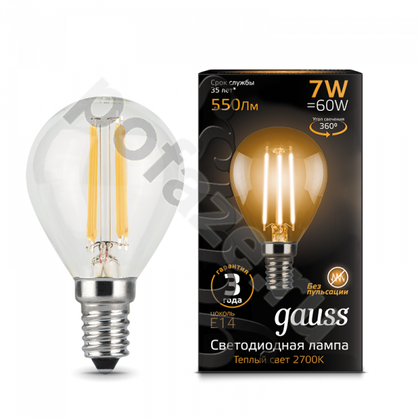 Лампа светодиодная LED шарообразная Gauss d45мм E14 7Вт 360гр. 150-265В 2700К