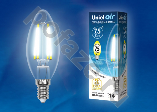 Лампа светодиодная LED свеча Uniel d35мм E14 7.5Вт 360гр. 220-240В 4000К