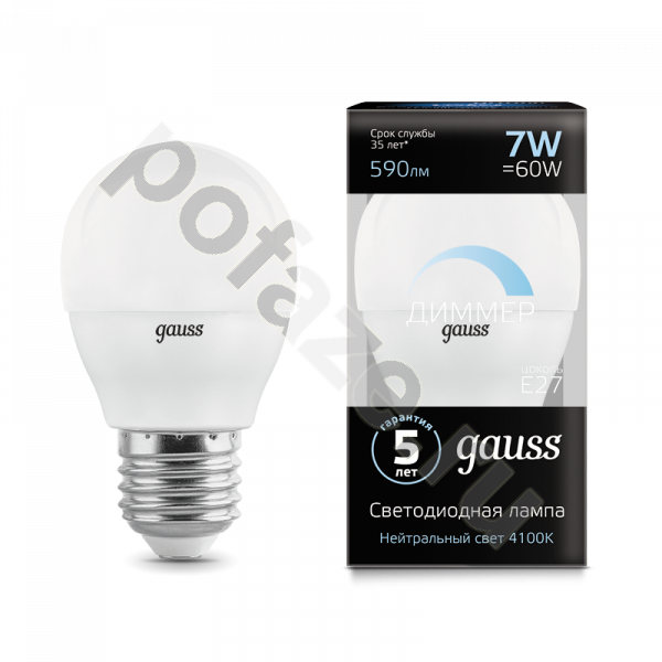 Лампа светодиодная LED шарообразная Gauss d45мм E27 7Вт 240гр. 150-265В 4100К