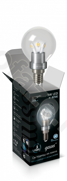 Лампа светодиодная LED шарообразная Gauss d40мм E14 3Вт 360гр. 220-240В