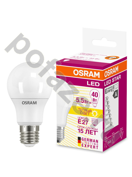 Лампа светодиодная LED грушевидная Osram d55мм E27 6Вт 200гр. 230В 2700К