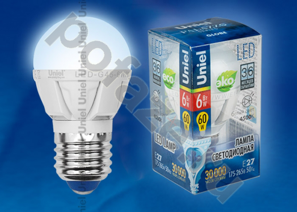 Лампа светодиодная LED шарообразная Uniel d45мм E27 6Вт 240гр. 220-230В