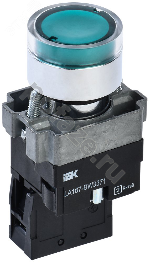 Кнопка LA167-BW3371 22мм RC 1з с подсветкой зеленая IEK