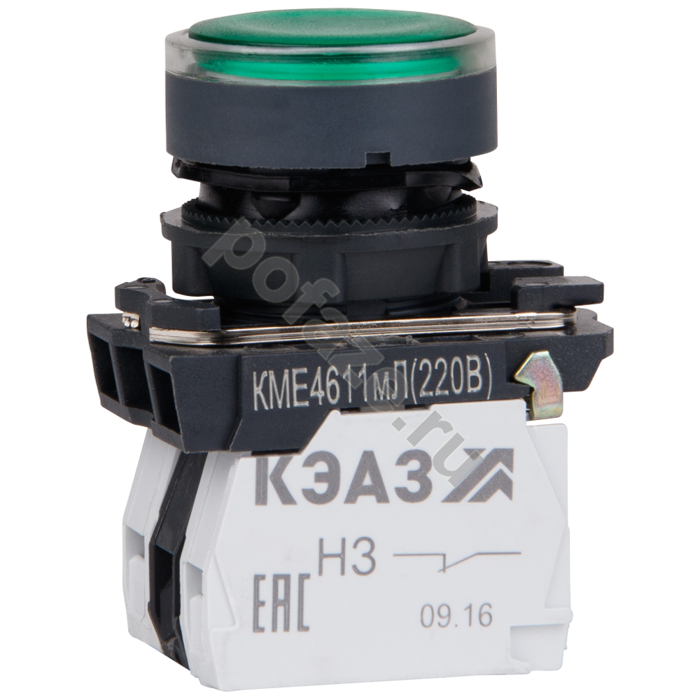Кнопка КМЕ4111мЛ-220В-зеленый-1но+1нз-цилиндр-индикатор-IP40 КЭАЗ