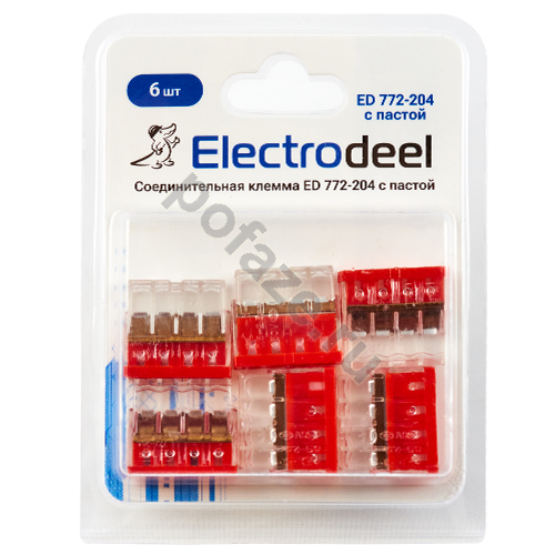 Клемма соединительная 4-контактная ED 772-204-b6 (6шт) с контактной пастой 0,5-2,5 мм2. 24А/450В.уп: блистер. Electrodeel